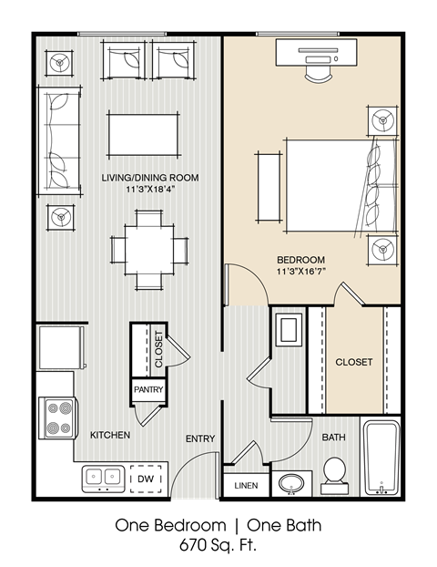 a floor plan of one bedroom one bathroom and a closet